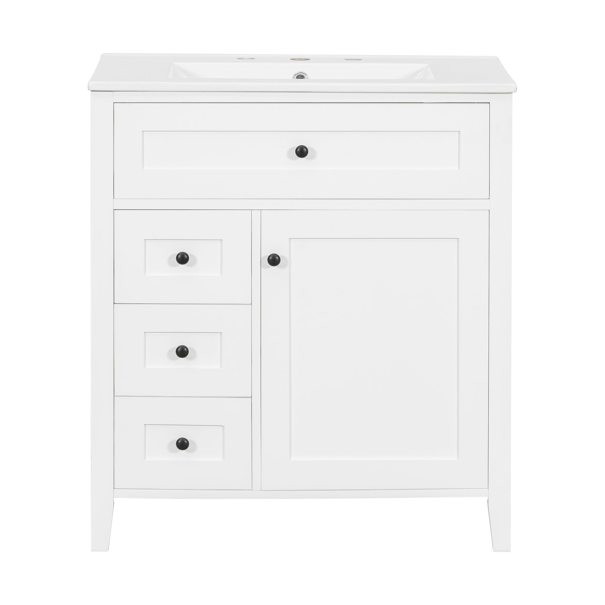 VanityFus 30-in White Bathroom Vanity Single Sink Combo Ceramic Top 1 door 4 drawers Adjustable Shelves